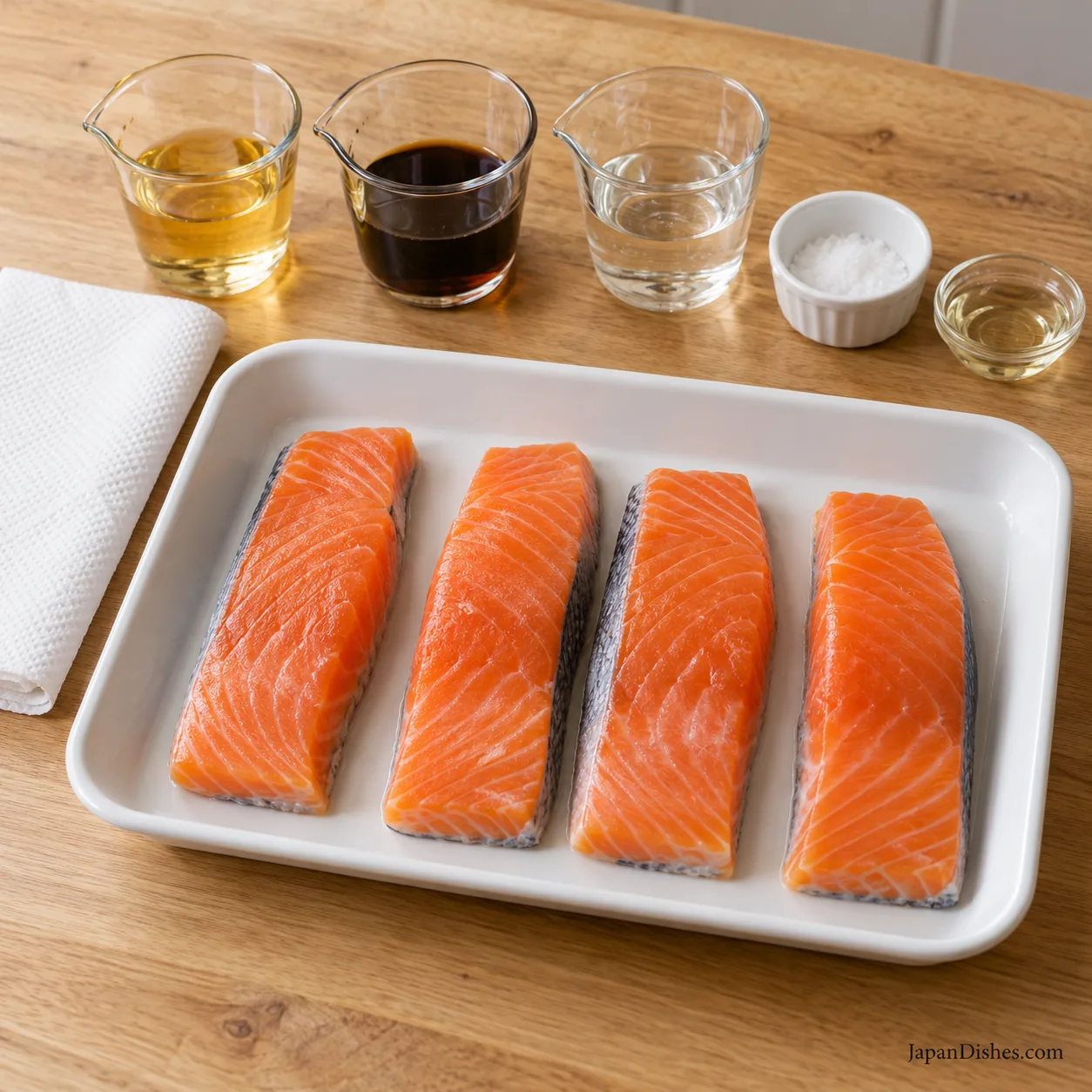 Four raw salmon fillets with measured mirin, soy sauce, sake, salt and neutral oil