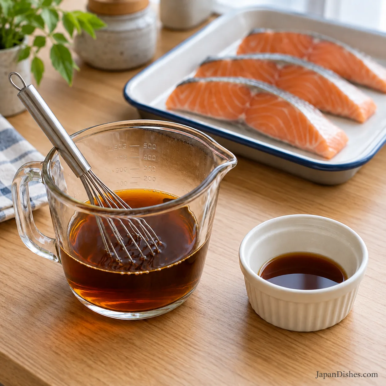 Fresh soy-mirin marinade in a glass jug and a separate clean portion reserved for glazing