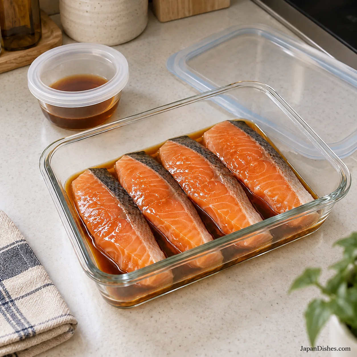 Four salmon fillets coated in mirin marinade in a shallow glass container ready to cover