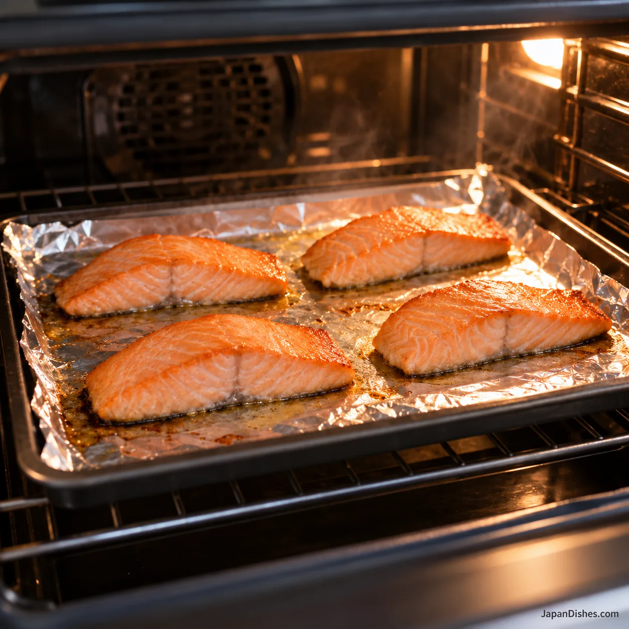 Four salmon fillets baking skin side down on an oiled foil-lined metal tray