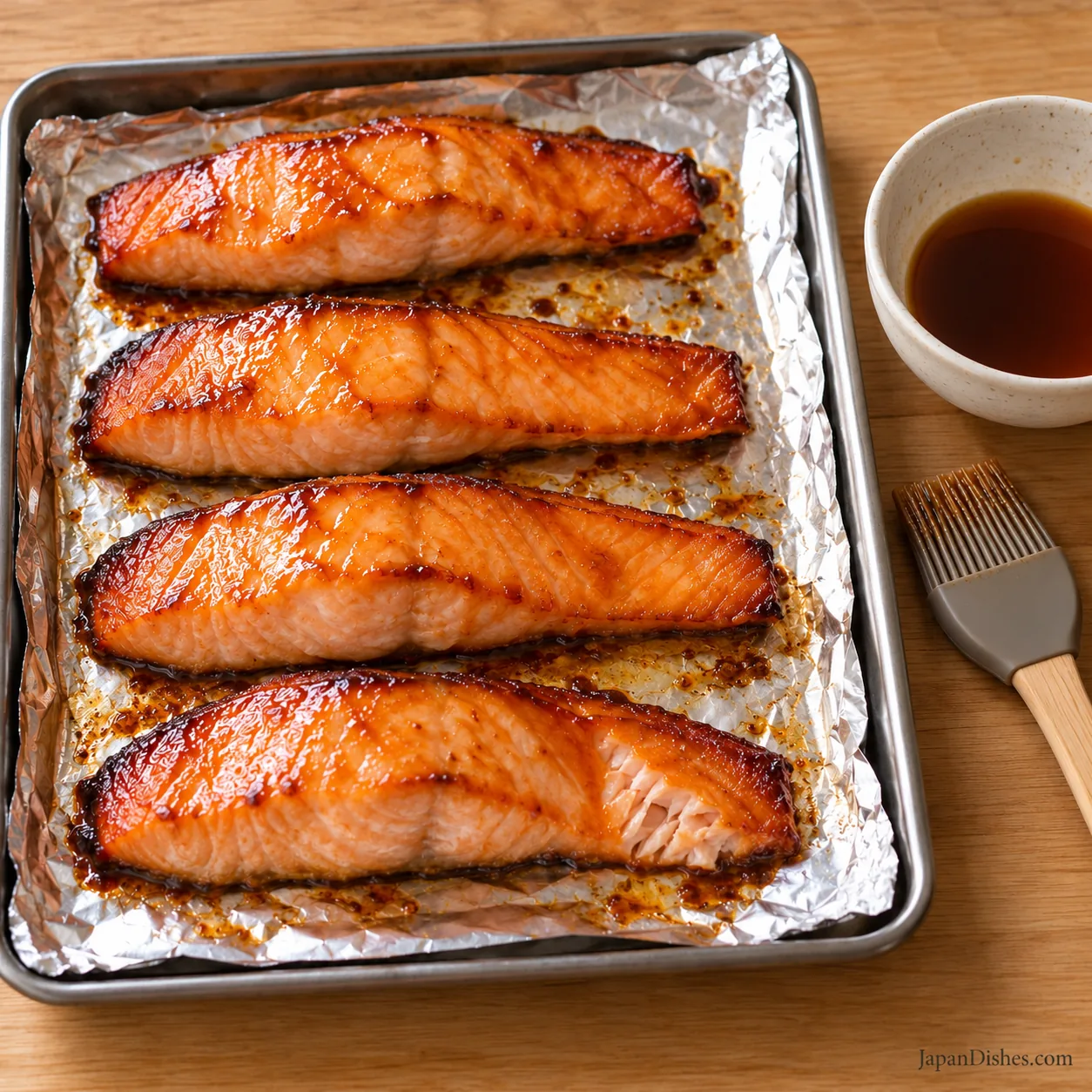 Cooked mirin salmon on foil with clean reduced glaze and a pastry brush beside the tray