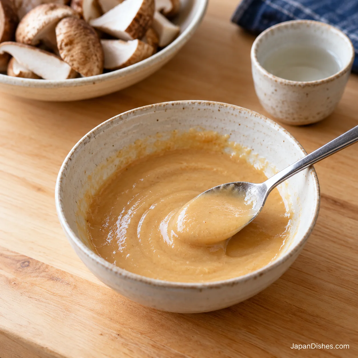 Smooth white miso and sake sauce in a small ceramic bowl