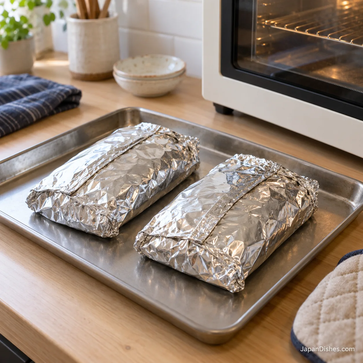 Two sealed foil packets with folded seams on a rimmed oven tray
