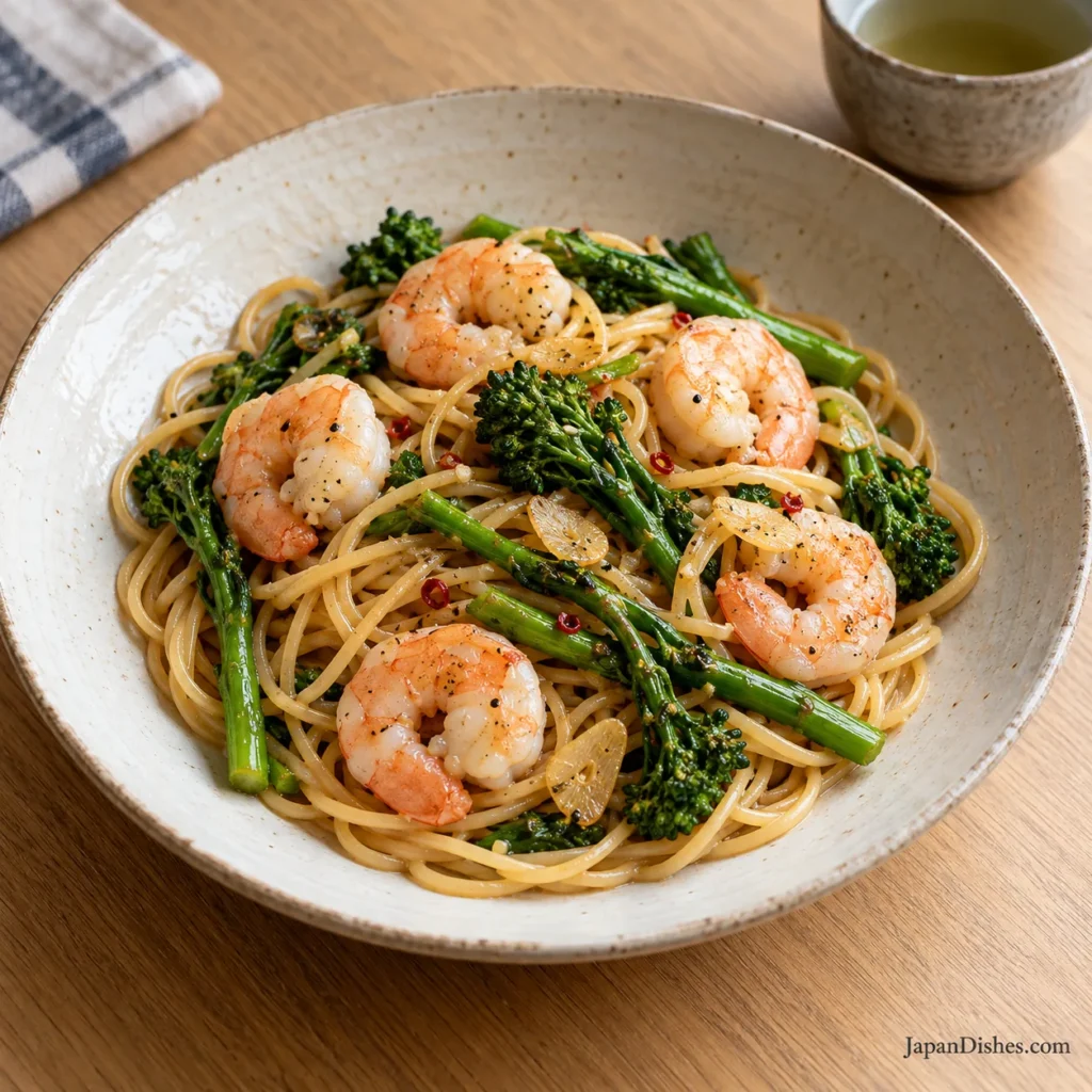 Japanese-style shrimp and broccolini pasta with soy-butter sauce in an ivory plate
