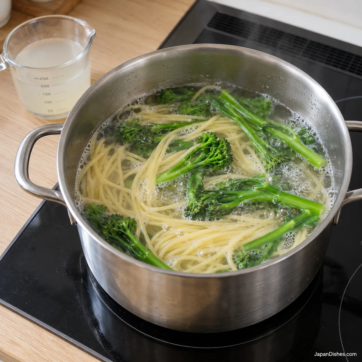 Spaghetti and slender broccolini stalks boiling together in a stainless steel pot