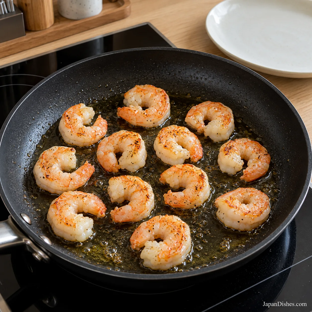 Opaque cooked tail-off shrimp searing in a thin layer of oil in a black frying pan