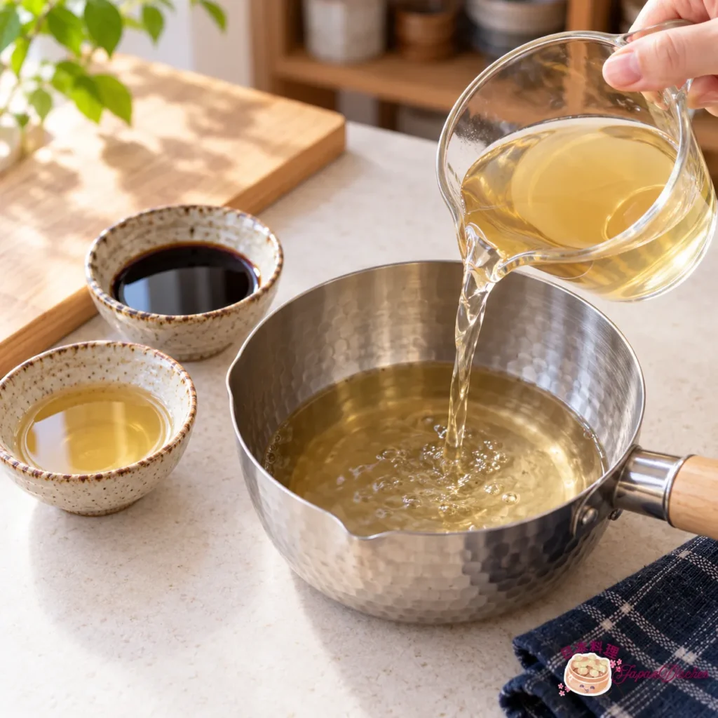 Prepared dashi being poured into a saucepan beside soy sauce and mirin for tempura sauce.