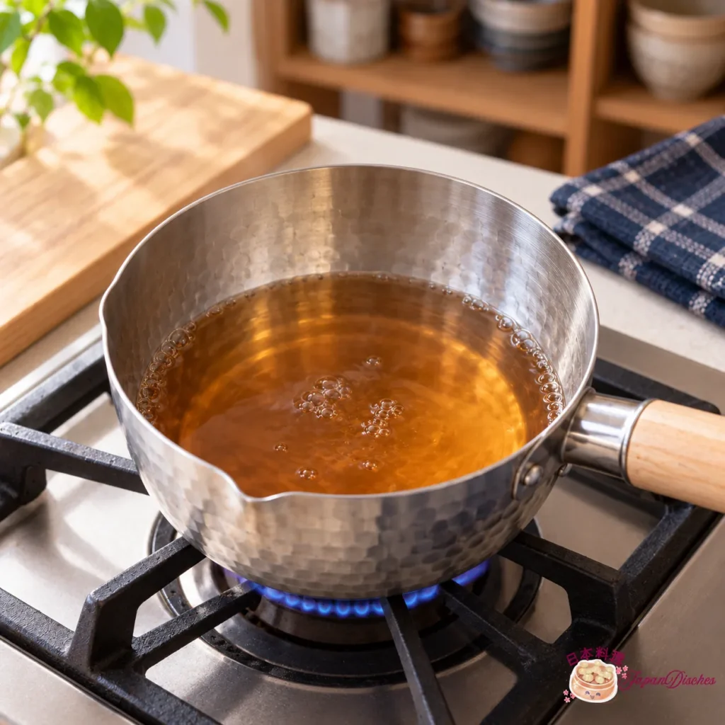 Thin amber-brown tempura dipping sauce simmering gently in a small saucepan.