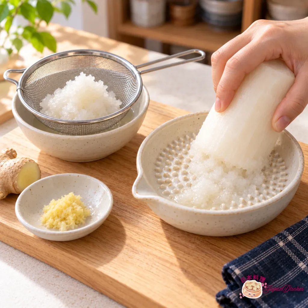 Daikon finely grated on a Japanese ceramic grater, with grated ginger kept separate.