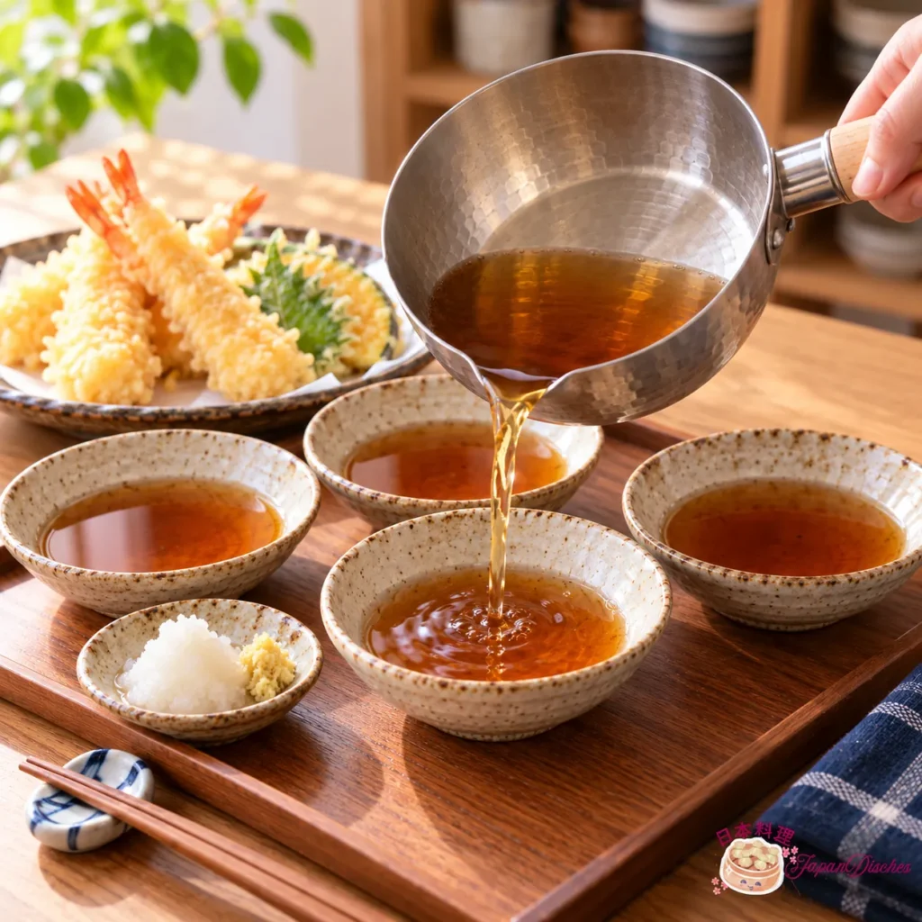 Finished tentsuyu being divided among four small Japanese ceramic dipping bowls.