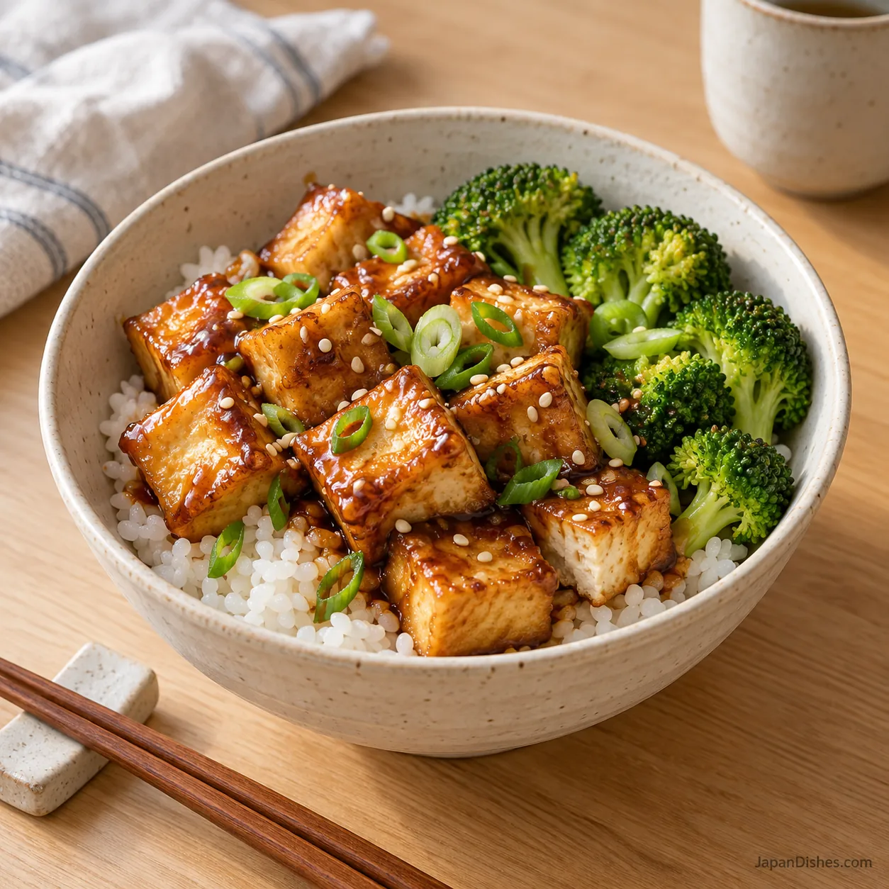 Pan-fried teriyaki tofu bowl with Japanese rice, broccoli, scallion and white sesame in an ivory bowl