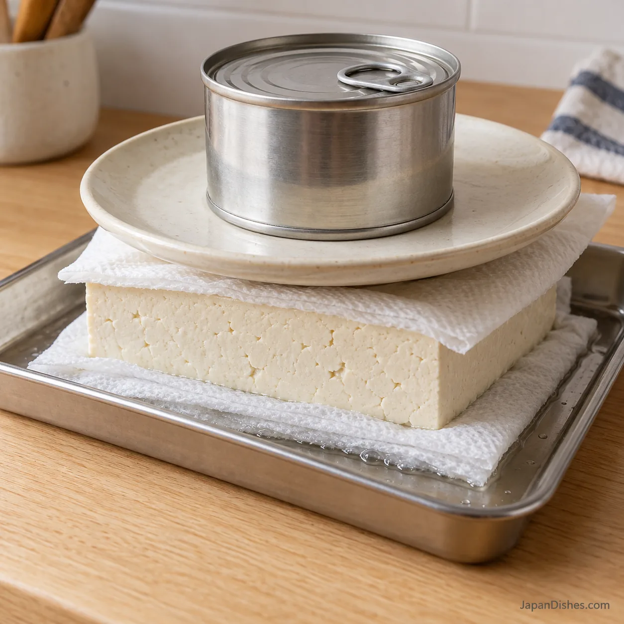 Firm tofu draining between paper towels under a flat plate and a modest can weight