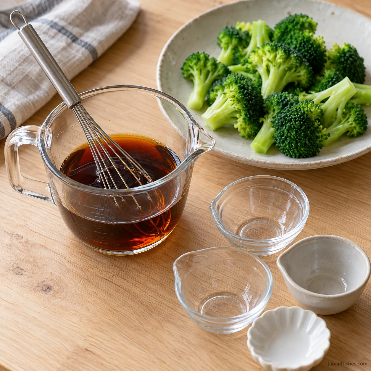 Mixed soy-mirin-sake teriyaki sauce in a glass jug beside well-drained blanched broccoli