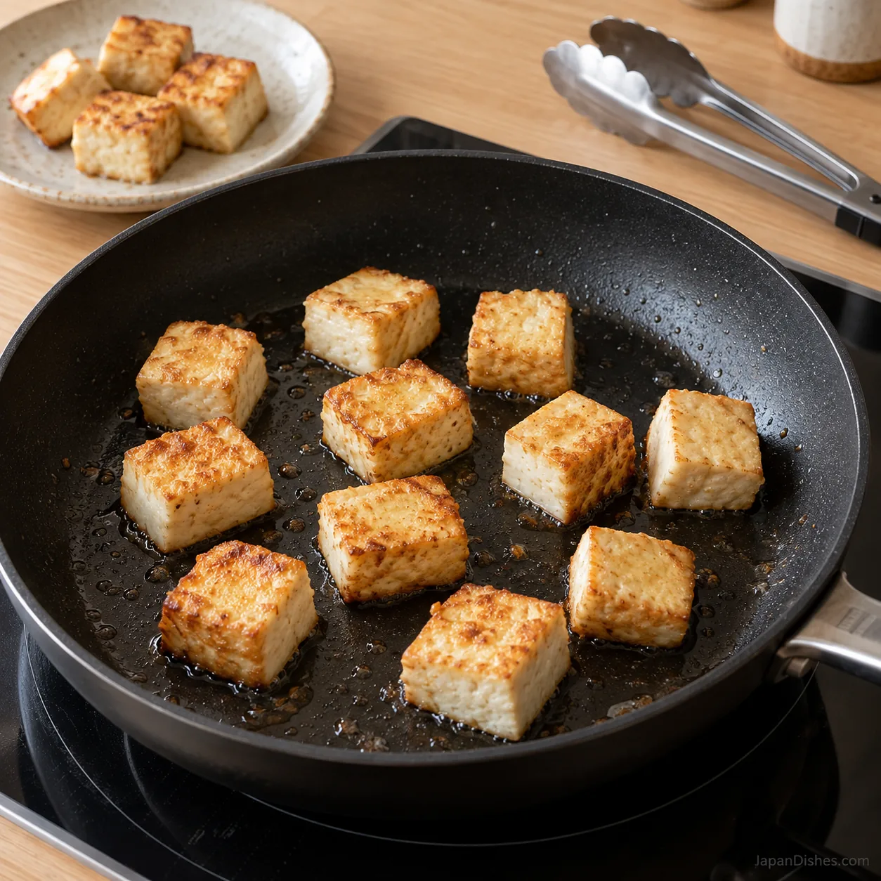 Spaced tofu cubes browning in a thin layer of oil in a nonstick frying pan without sauce