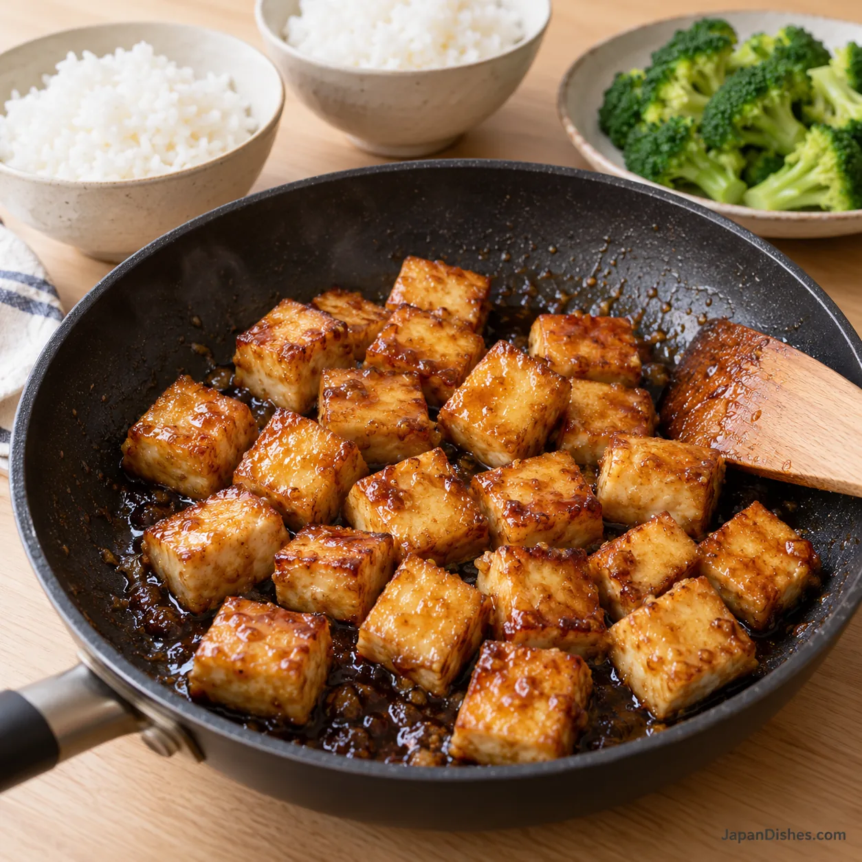 Golden tofu cubes coated with reduced teriyaki sauce in a pan beside rice and broccoli