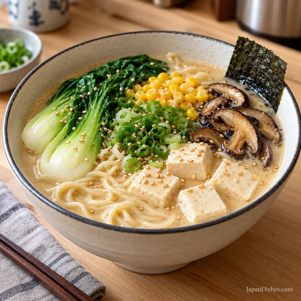 Vegetarian ramen with creamy soy-miso broth, tofu, shiitake mushrooms and bok choy in an ivory Japanese bowl