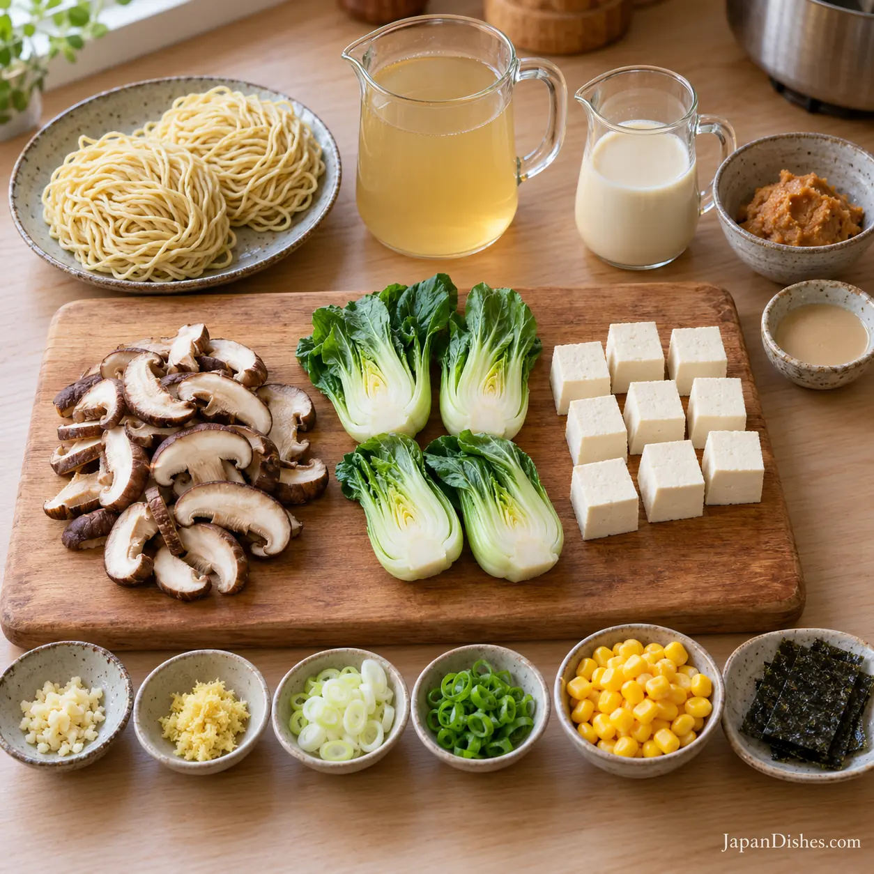 Prepared shiitake mushrooms, tofu, bok choy and measured ingredients for vegetarian ramen
