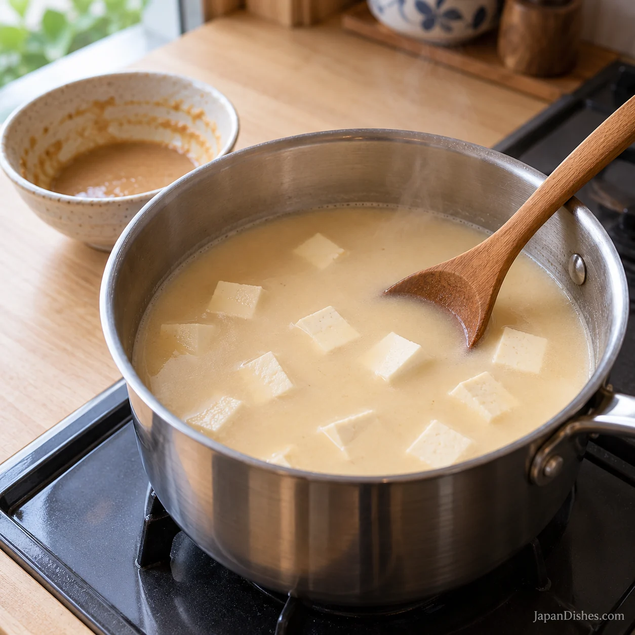 Smooth soy-miso vegetarian ramen broth with tofu warming gently in a saucepan