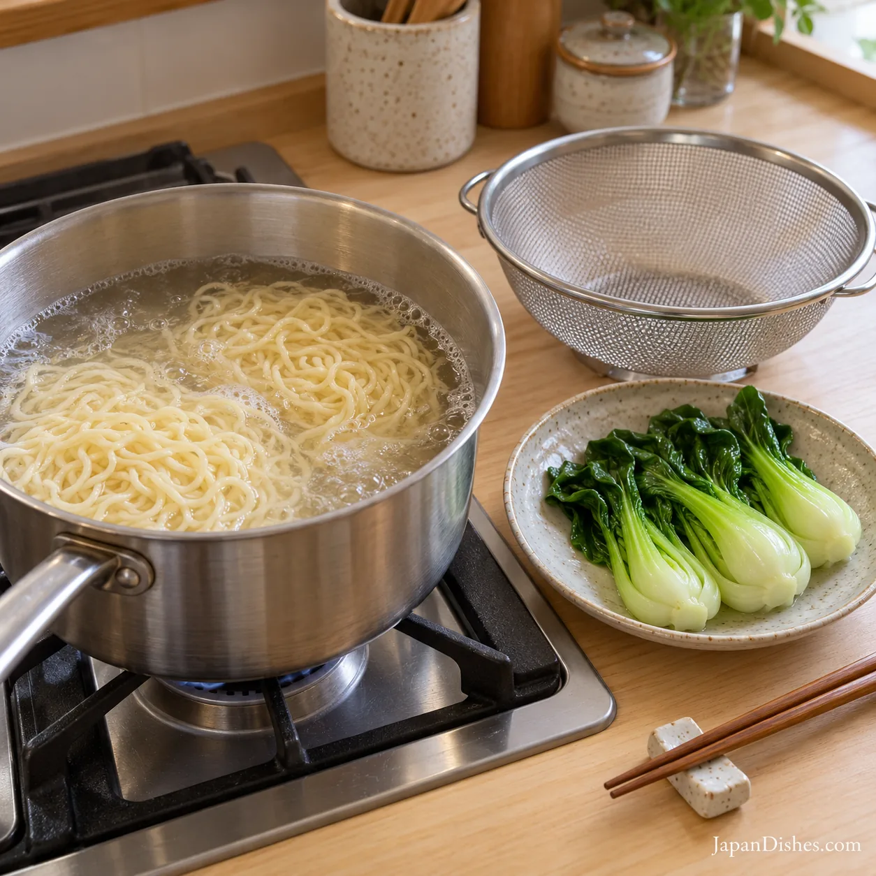 Ramen noodles cooking in separate water beside drained blanched bok choy