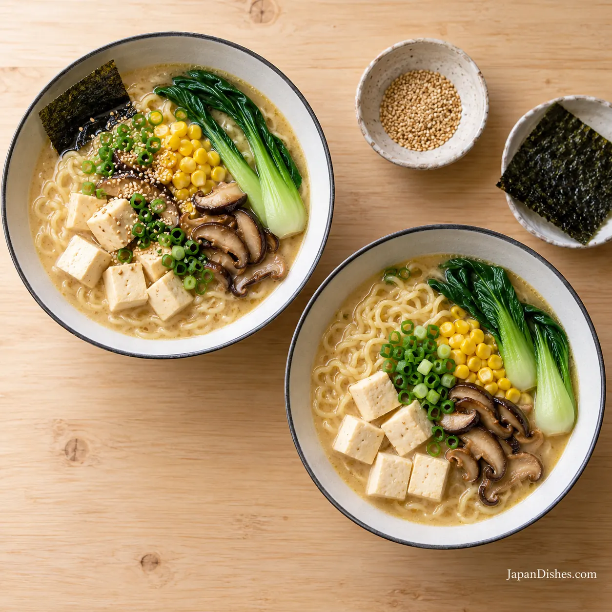 Two bowls of vegetarian ramen topped with tofu, mushrooms, bok choy, corn and scallions