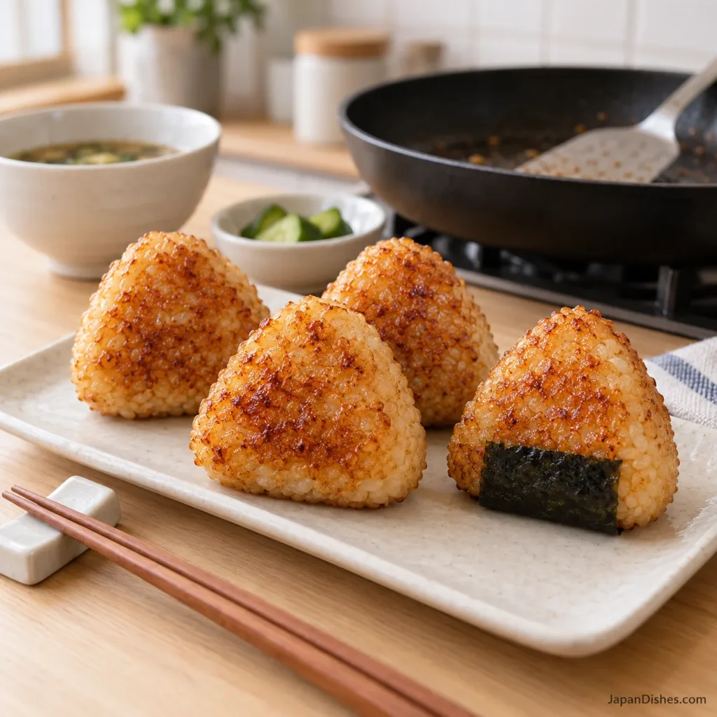 Crispy yaki onigiri with a golden soy crust on an ivory plate