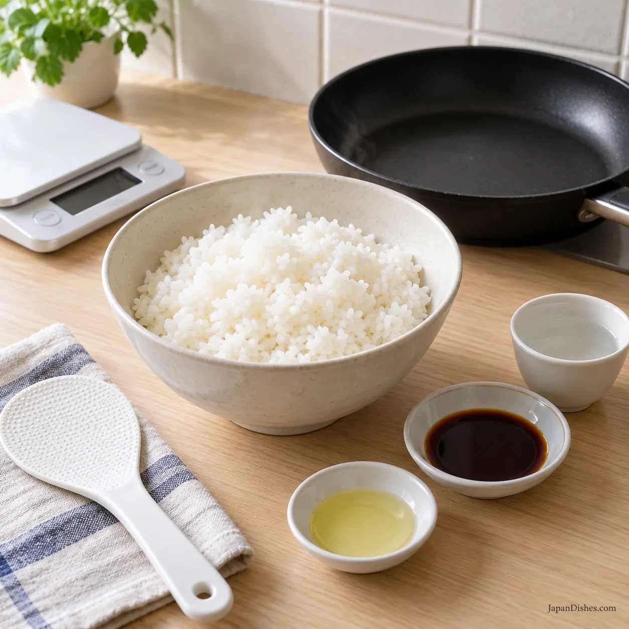 Warm Japanese short-grain rice with soy sauce, water and oil